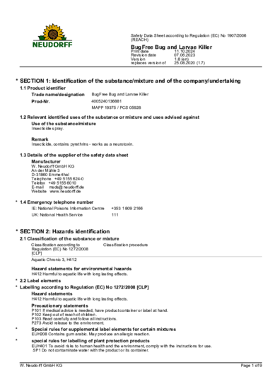 BugFree Bug and Larvae Killer Sicherheitsdatenblatt 2024-10 en