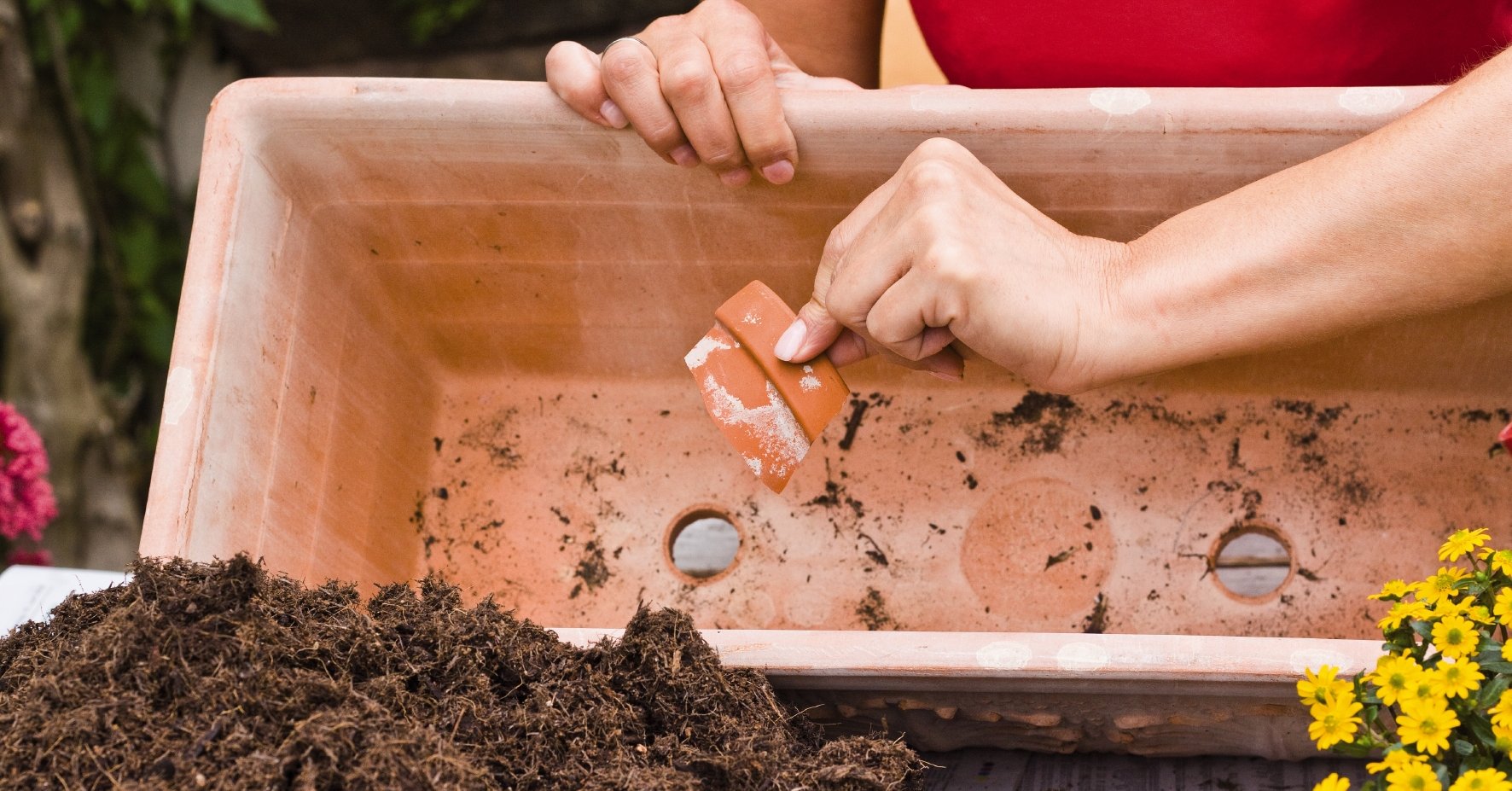 Cover the drainage holes for planting strawberries with a pottery shard