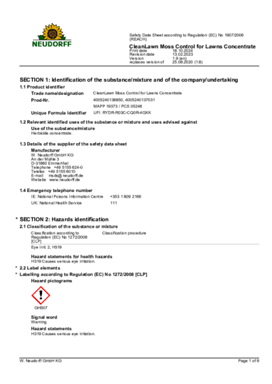 Clean Lawn Moss Control for Lawns Sicherheitsdatenblatt 2024-10 en